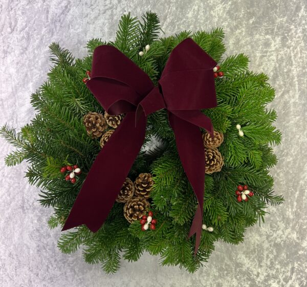 Burgundy Bow Fresh Christmas Wreath