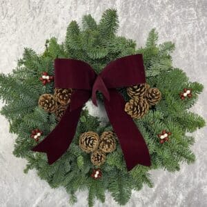 Burgundy Bow Fresh Christmas Wreath