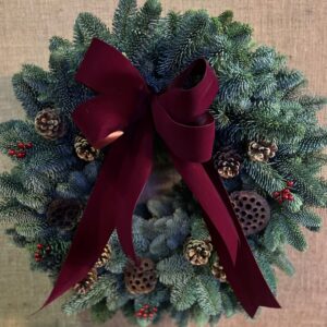 Burgundy Bow Fresh Christmas Wreath