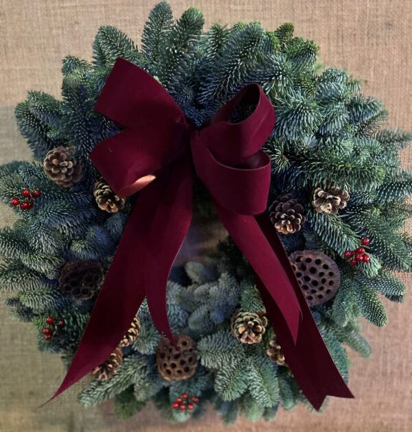 Burgundy Bow Fresh Christmas Wreath