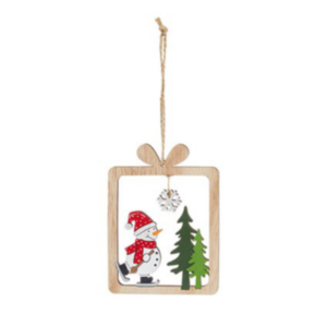 12cm Hanging Wooden Present Snowman Scene